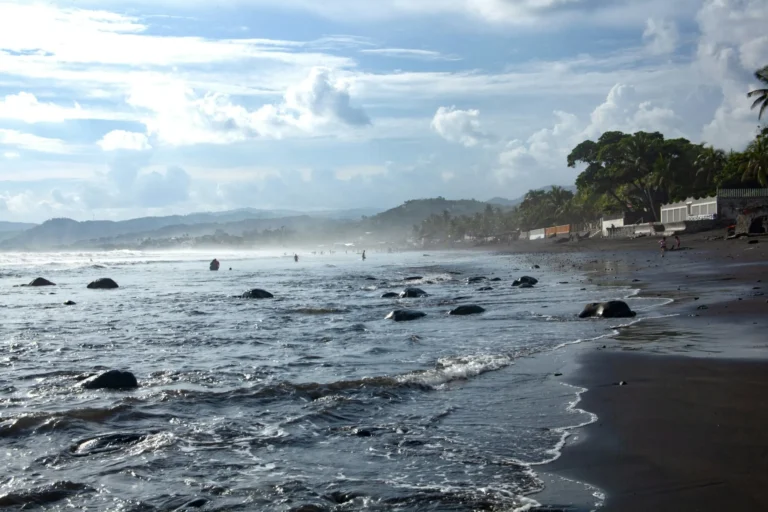 A dramatic coastal scene with dark sand or rocks on the beach, turbulent waves, and an overcast sky.