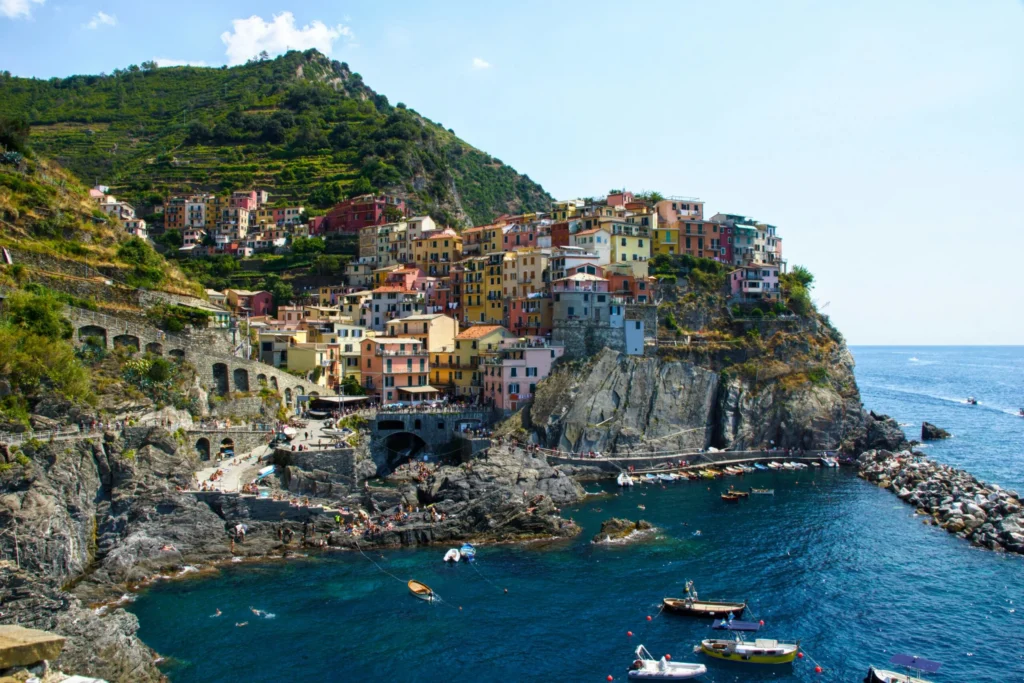A colorful cliffside village cascading down to the sea in Cinque Terre, Italy.