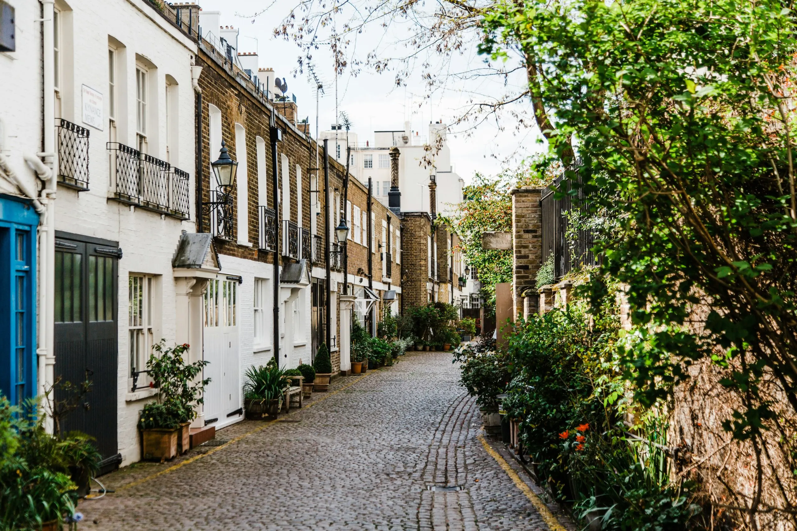 A charming narrow street lined with traditional terraced houses.