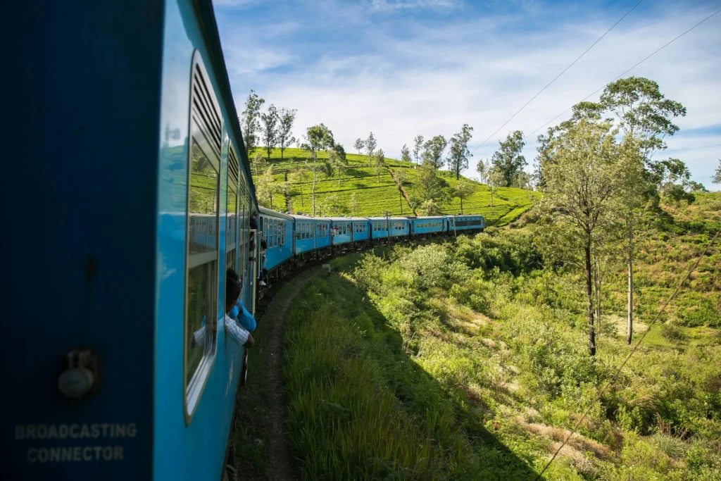A blue train winding through lush green landscapes with trees and hills under a clear sky.
