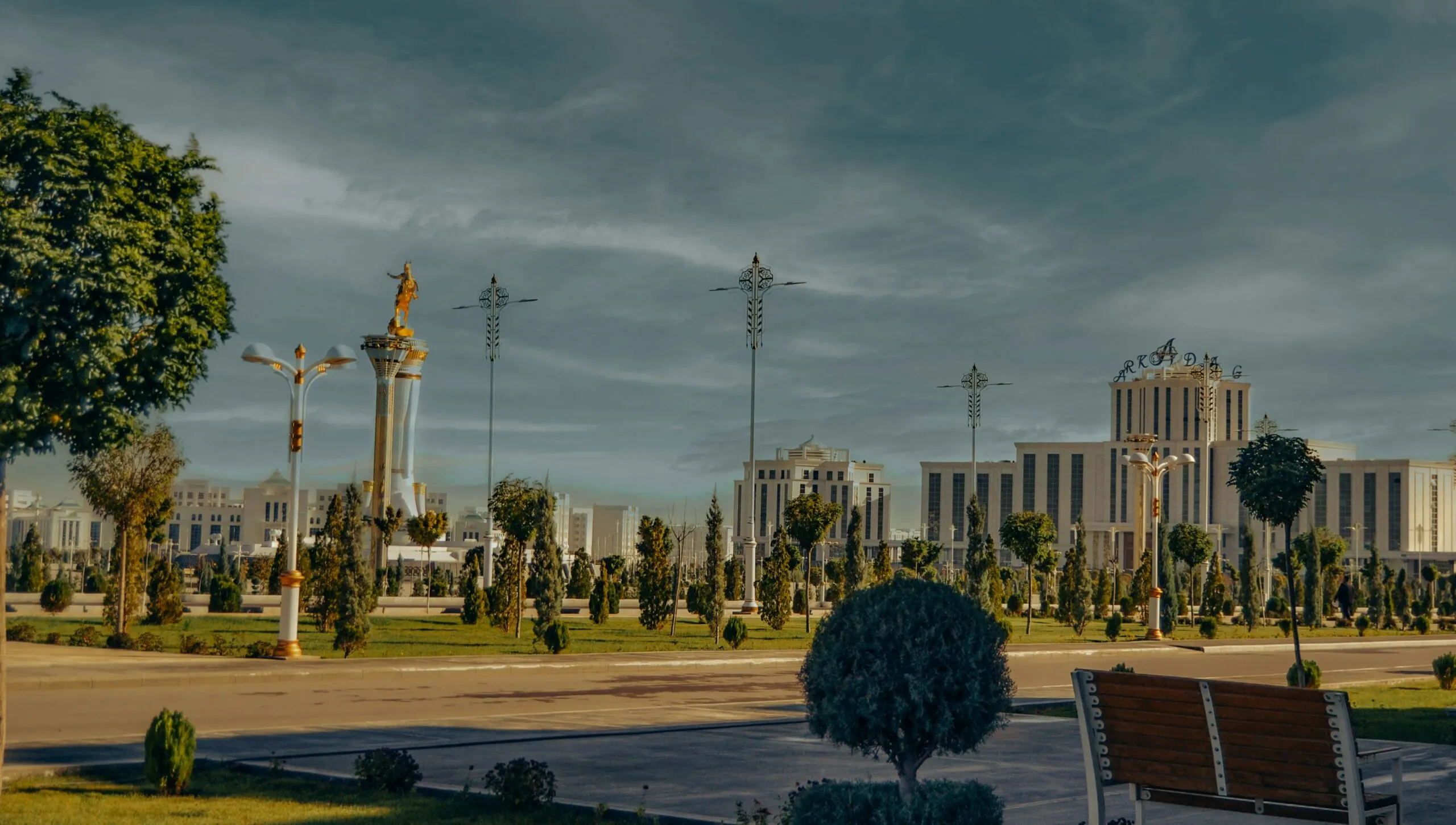 Cityscape with modern buildings and statues