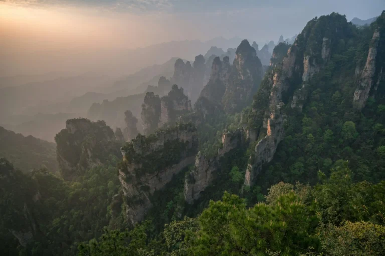 Towering, misty rock formations covered in trees, characteristic of Zhangjiajie.