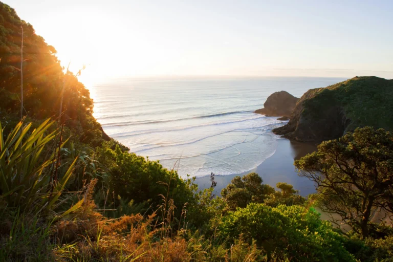 An aerial or high-angle view of a rugged coastline with cliffs, green vegetation, and the ocean stretching to the horizon.