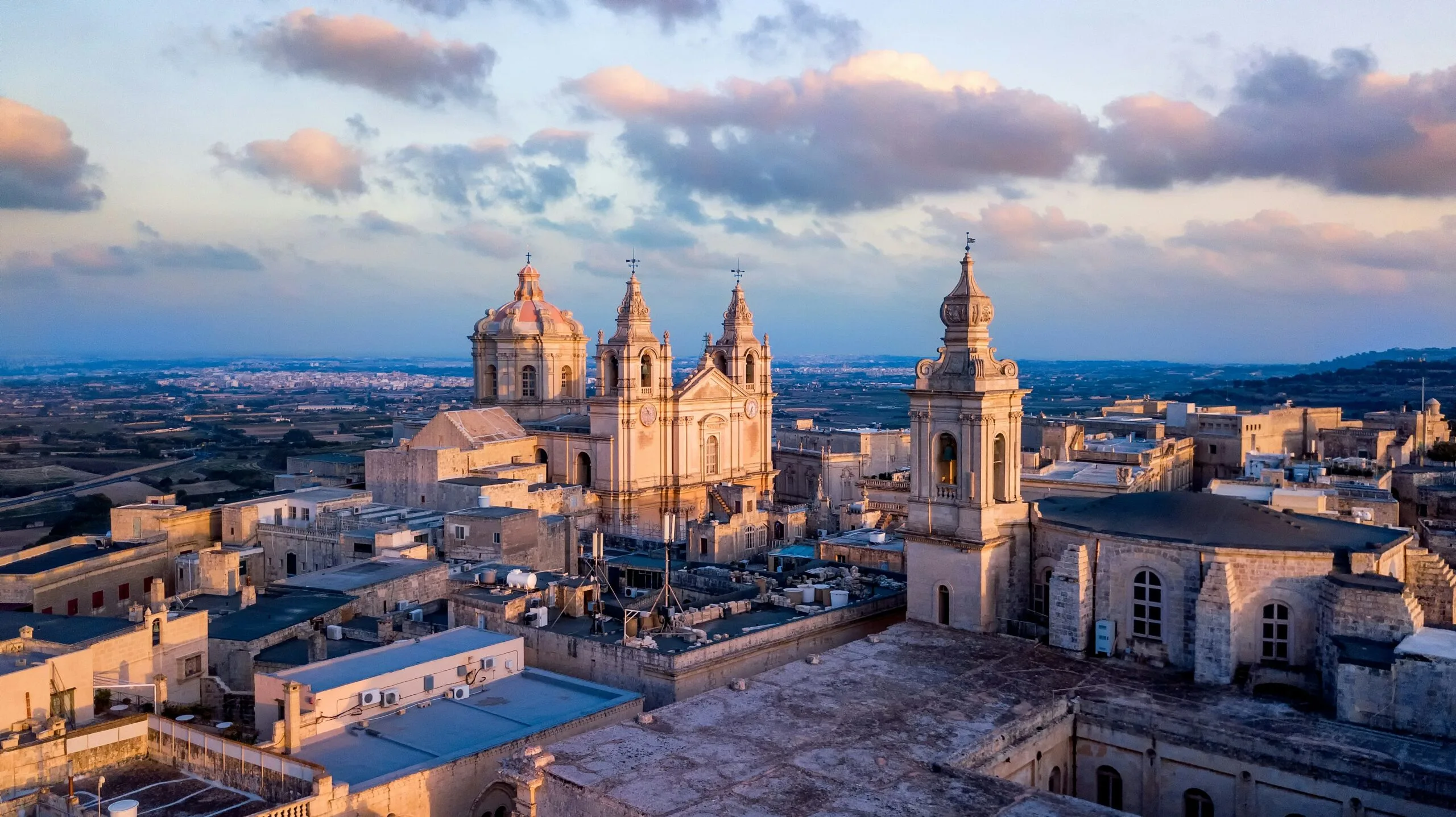 Aerial view of a city with historical buildings
