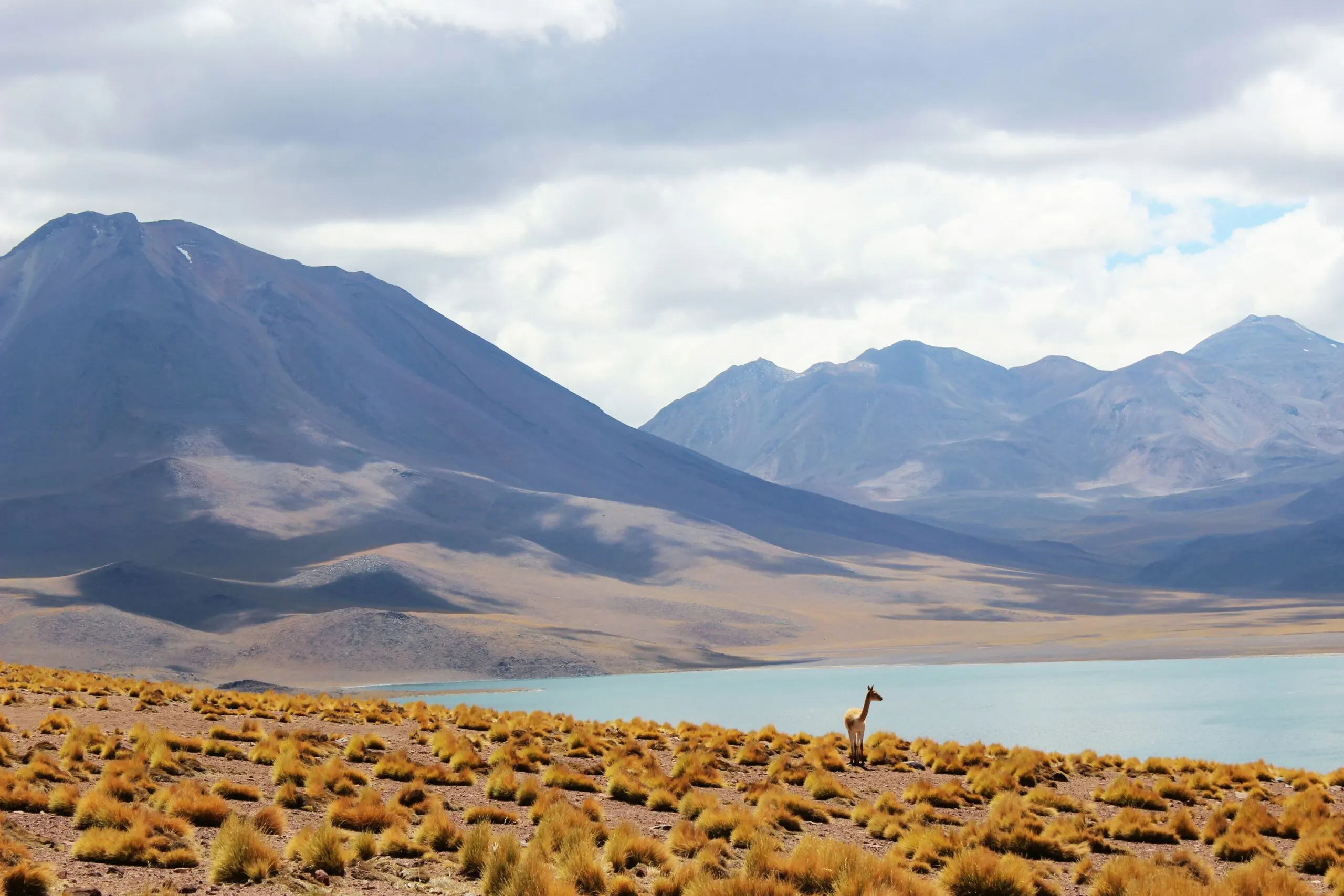 A vast, arid landscape with a calm body of water reflecting the sky, surrounded by mountains.