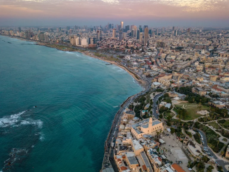 An aerial view of a coastal city with buildings sprawling along a crescent-shaped bay.