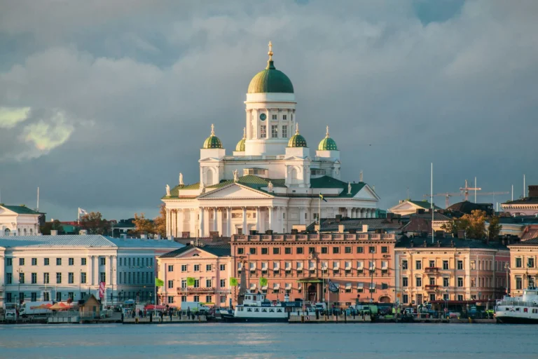 The Helsinki Cathedral and city skyline seen from across the water.