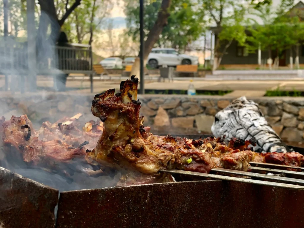 Meat grilling on skewers