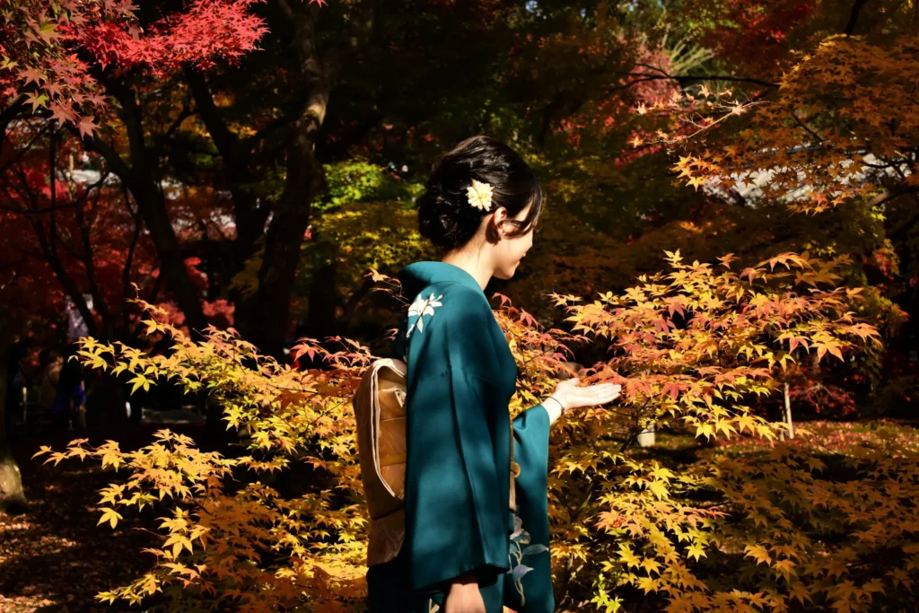 A woman in a traditional Japanese kimono stands in a garden surrounded by brightly colored autumn leaves, with her hand extended towards a bush.