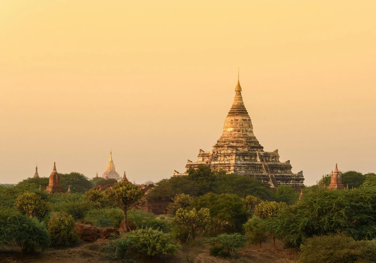 An ancient pagoda or temple rising above a forested landscape at sunset.