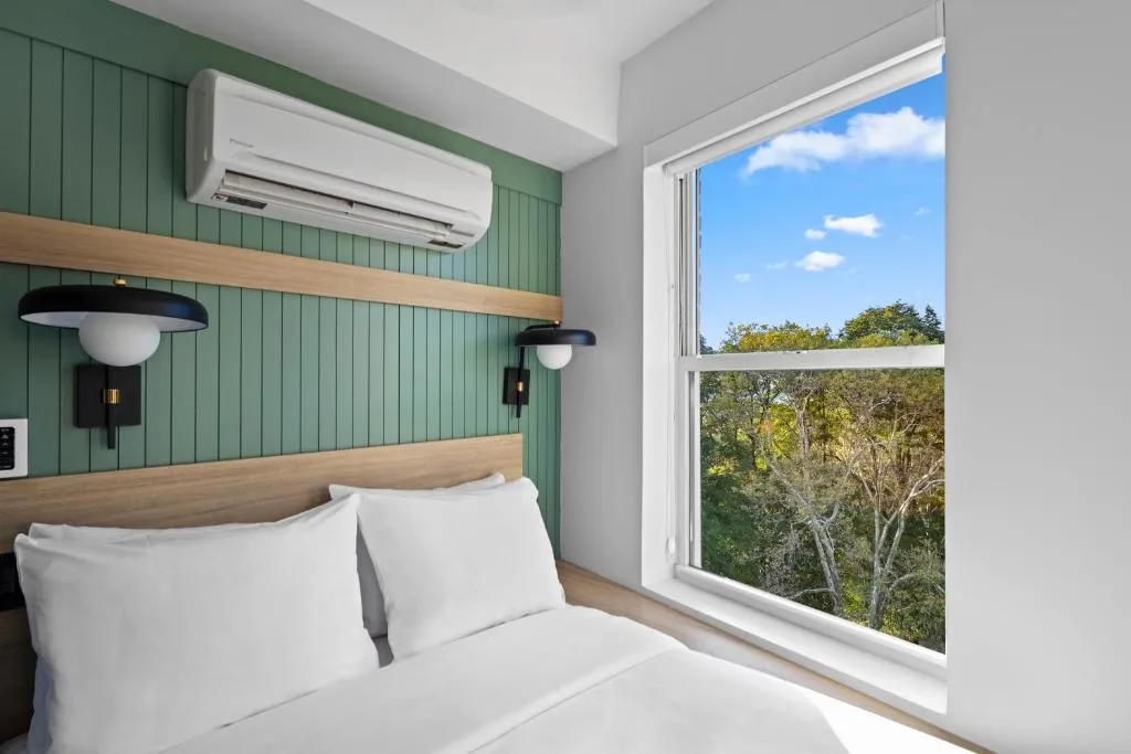 Cozy boutique hotel bedroom with green accent wall and crisp white linens overlooking tranquil off-season woodland view