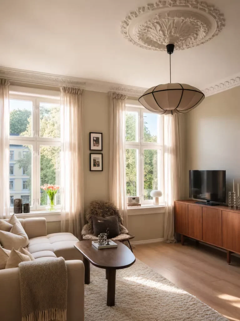 Airy off-season vacation rental living room with neutral decor, sheer curtains and warm wood accents under soft natural light