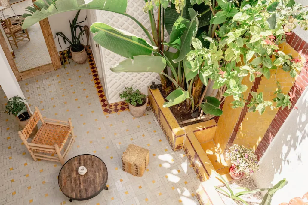 Sunlit empty courtyard with tropical potted plants and patterned tile floor, tranquil off-season retreat