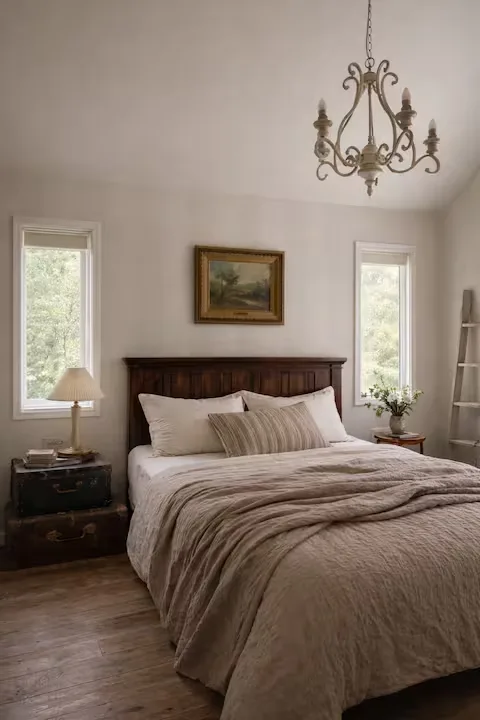 Cozy off-season country cabin bedroom with vintage suitcases as nightstand, soft linen bedding and tranquil woodland view.