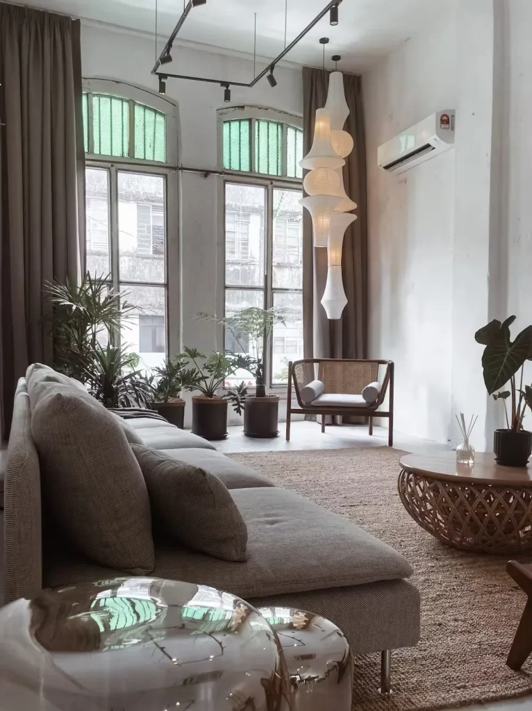 Quiet off-season travel lounge with minimalist sofa, rattan chairs and plants, bathed in soft natural light.