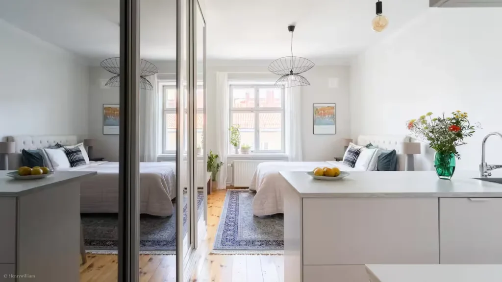 Bright minimalist studio apartment with bed, kitchenette and fresh flowers, sunlit and serene off-season travel retreat